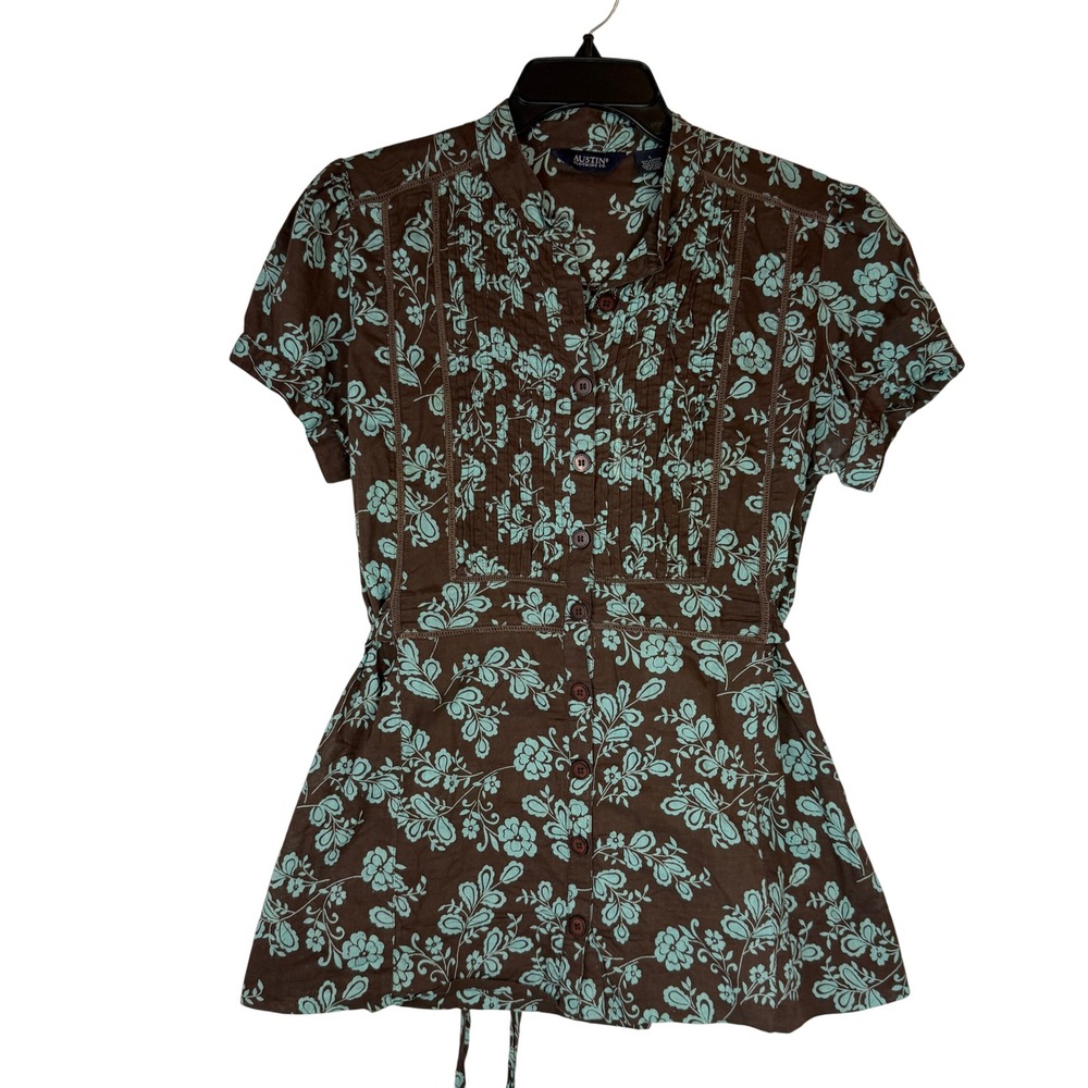 Austin Clothing Co Women's L Brown Teal Floral Cotton Pintuck Tunic Top